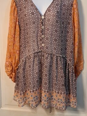 Boho Floral Button-Front Tunic Dress in Brown and Mustard